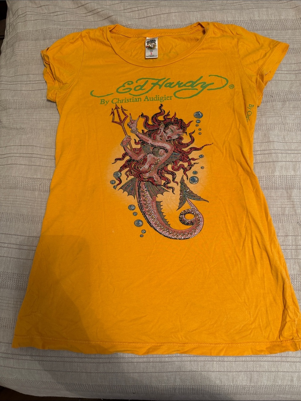 Vintage Ed Hardy Yellow Graphic Tee - Mermaid Design